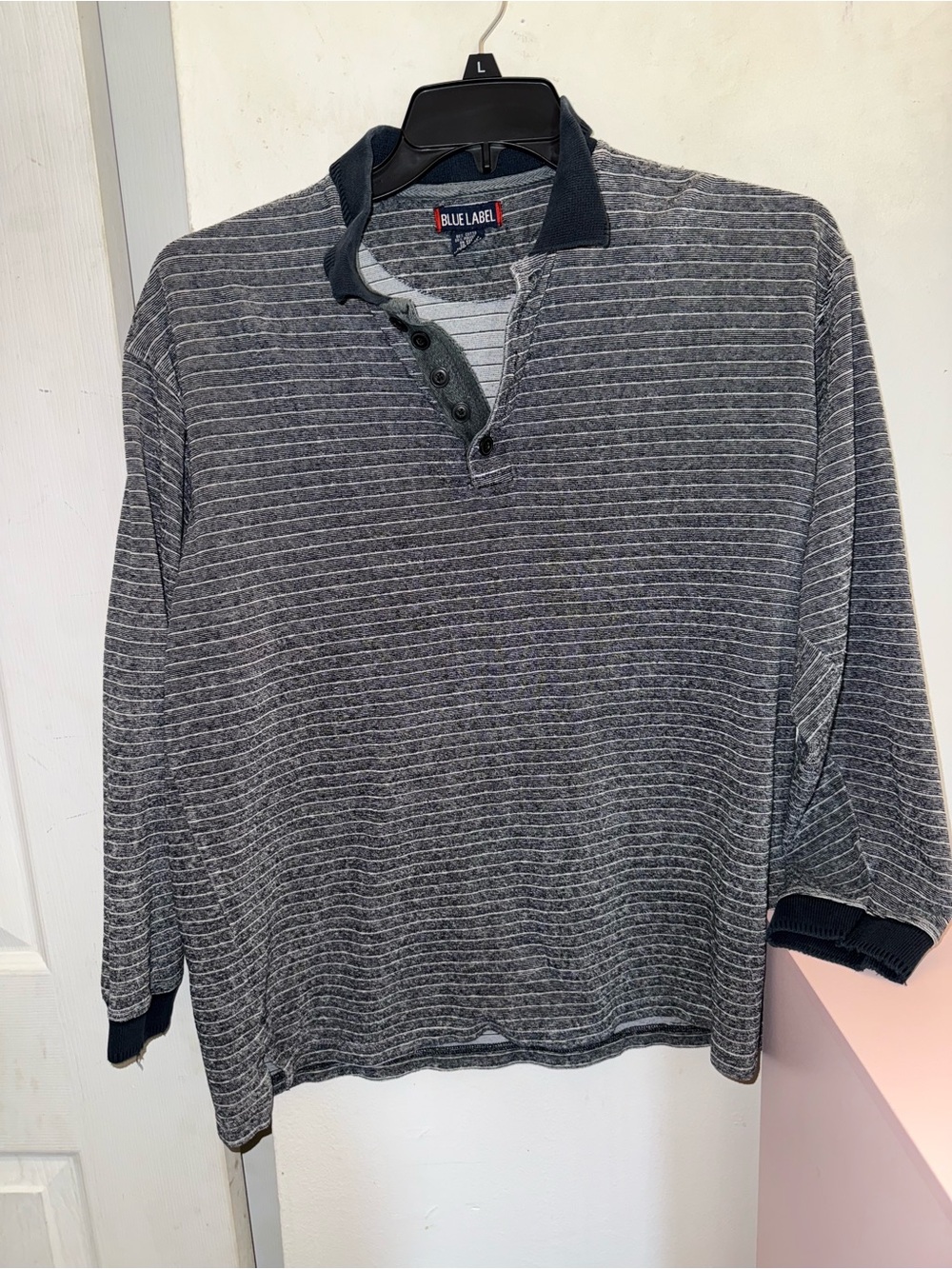 Blue Label Men's Gray Striped Long-Sleeve Polo with Navy Trim